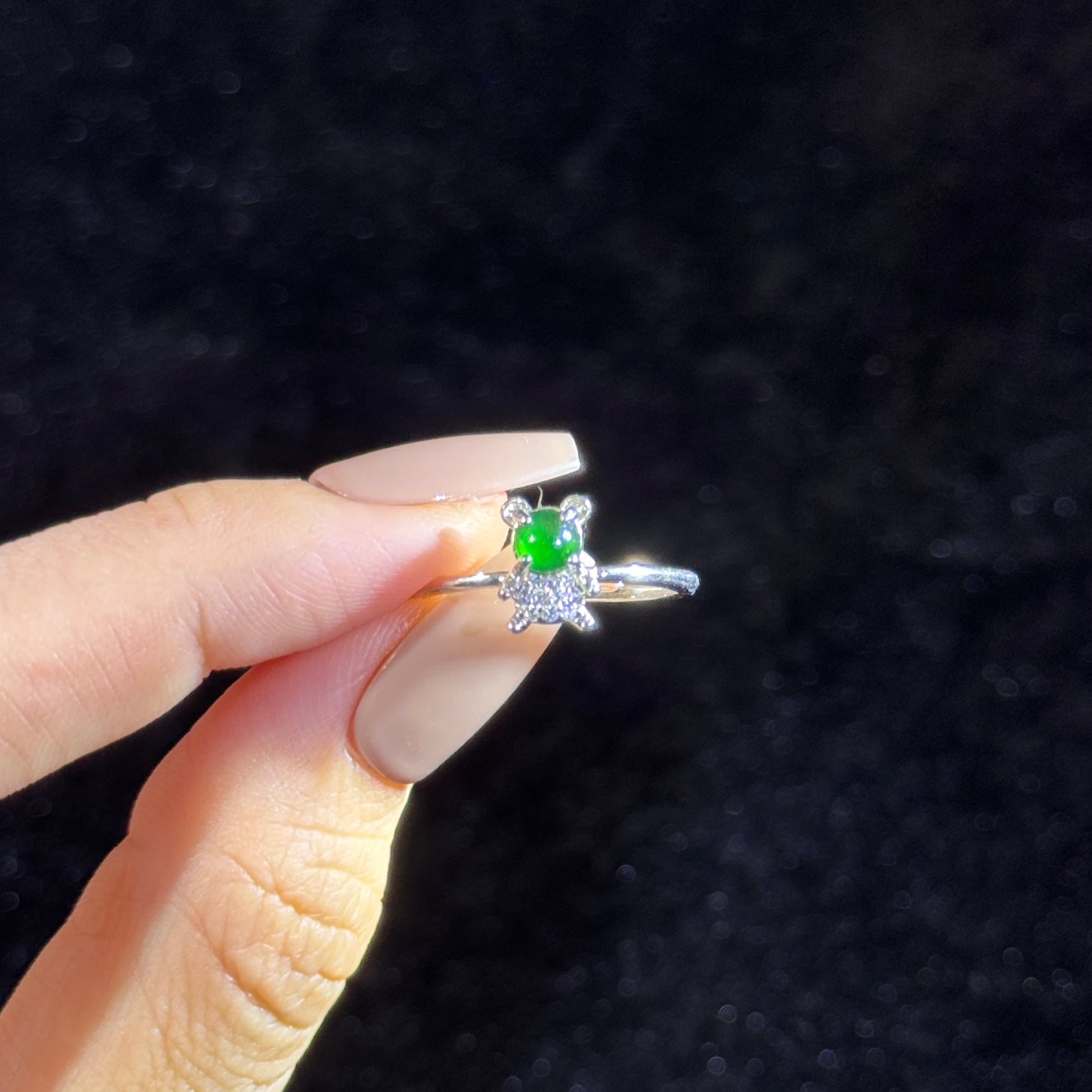 925 Sliver Type A Green Jade Bear Ring