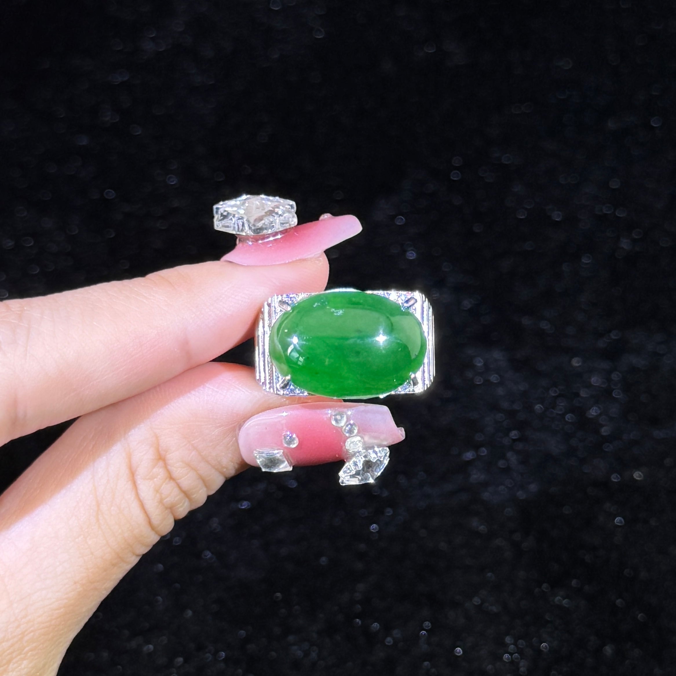 925 Sliver Type A Green Jade Ring