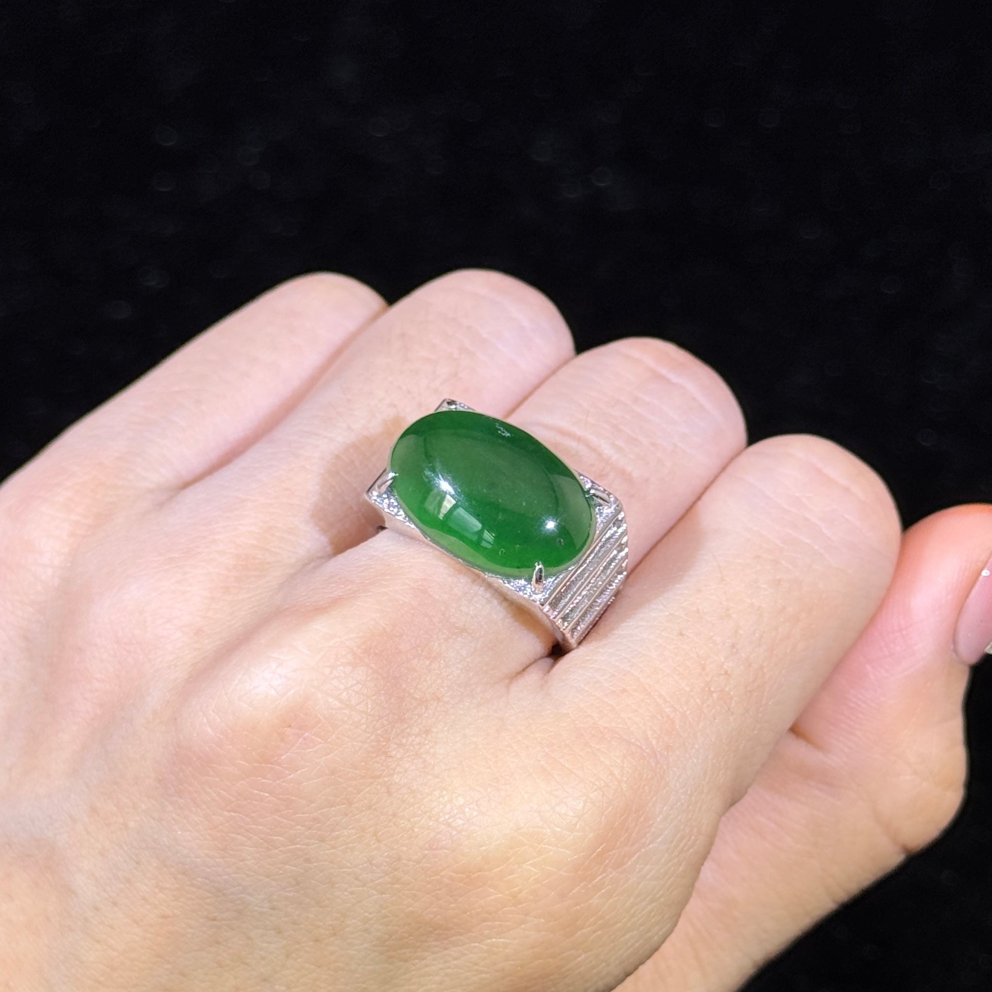 925 Sliver Type A Green Jade Ring