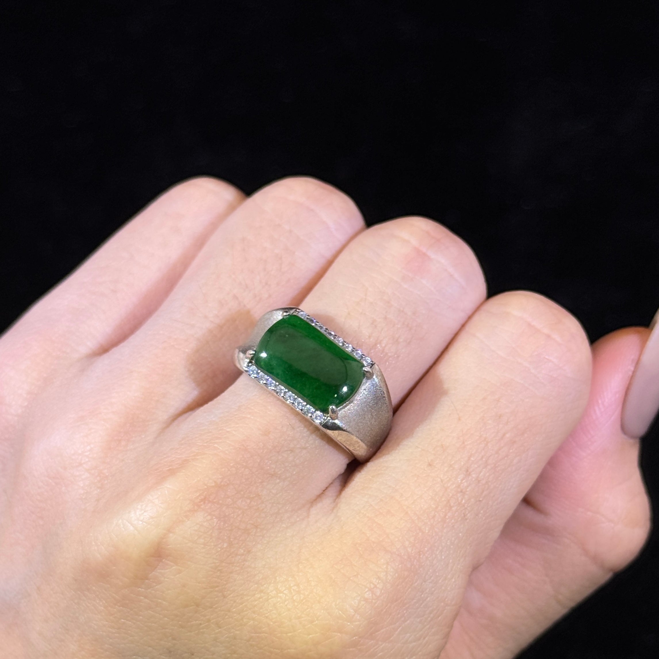 925 Sliver Type A Green Jade Ring