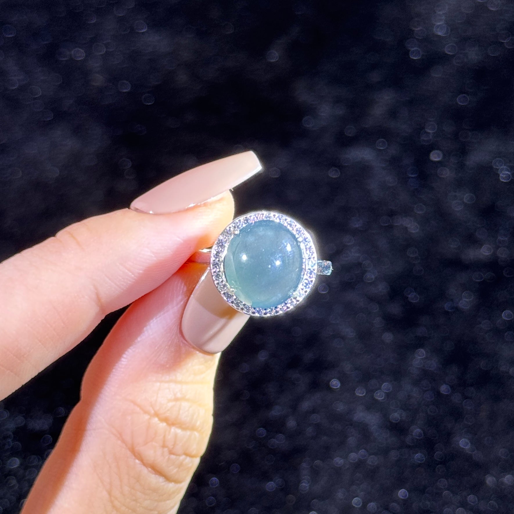 925 Sliver Type A Blueish Green Jade Ring