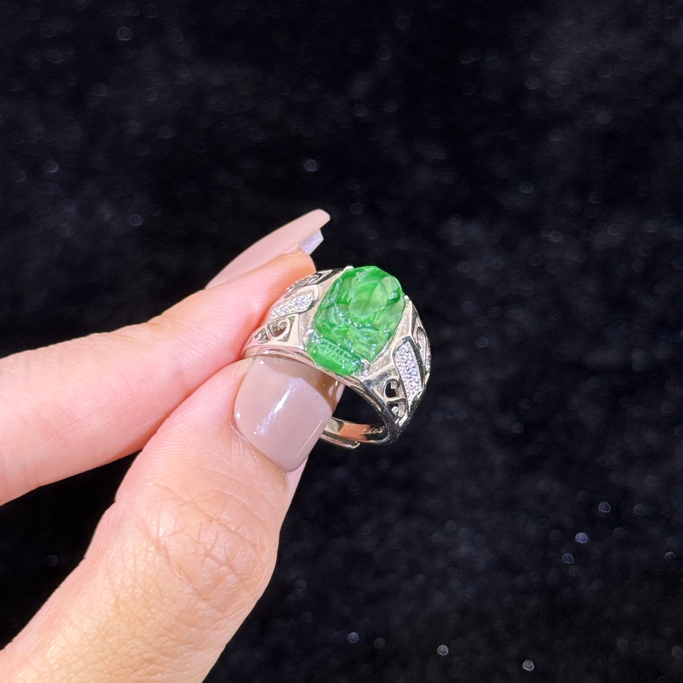 925 Sliver Type A Green Jade Dragon Head Ring