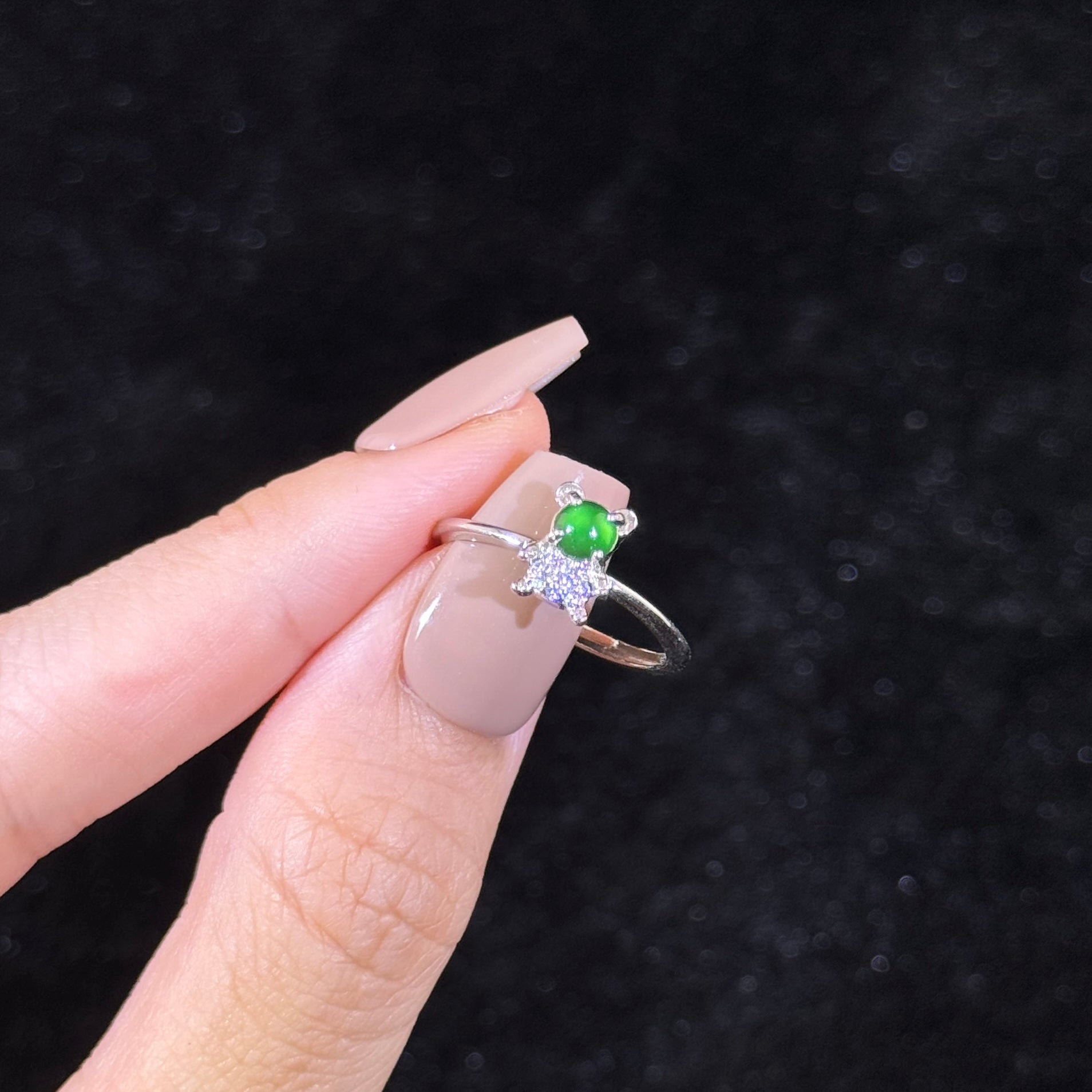 925 Sliver Type A Green Jade Bear Ring