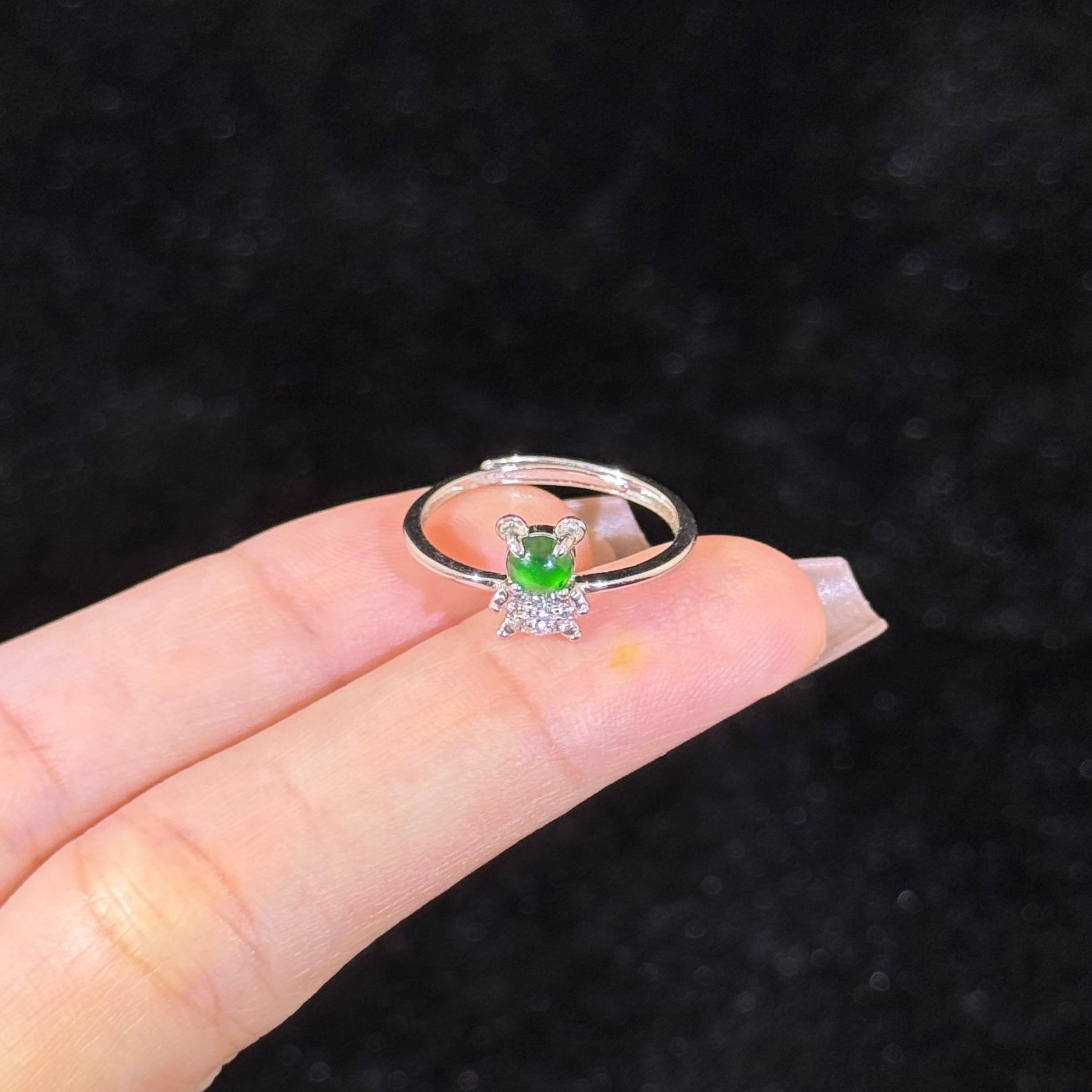 925 Sliver Type A Green Jade Bear Ring