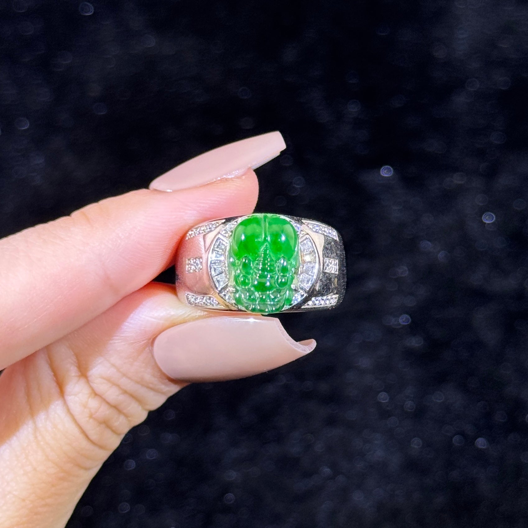 925 Sliver Type A Green Jade Pixiu Ring