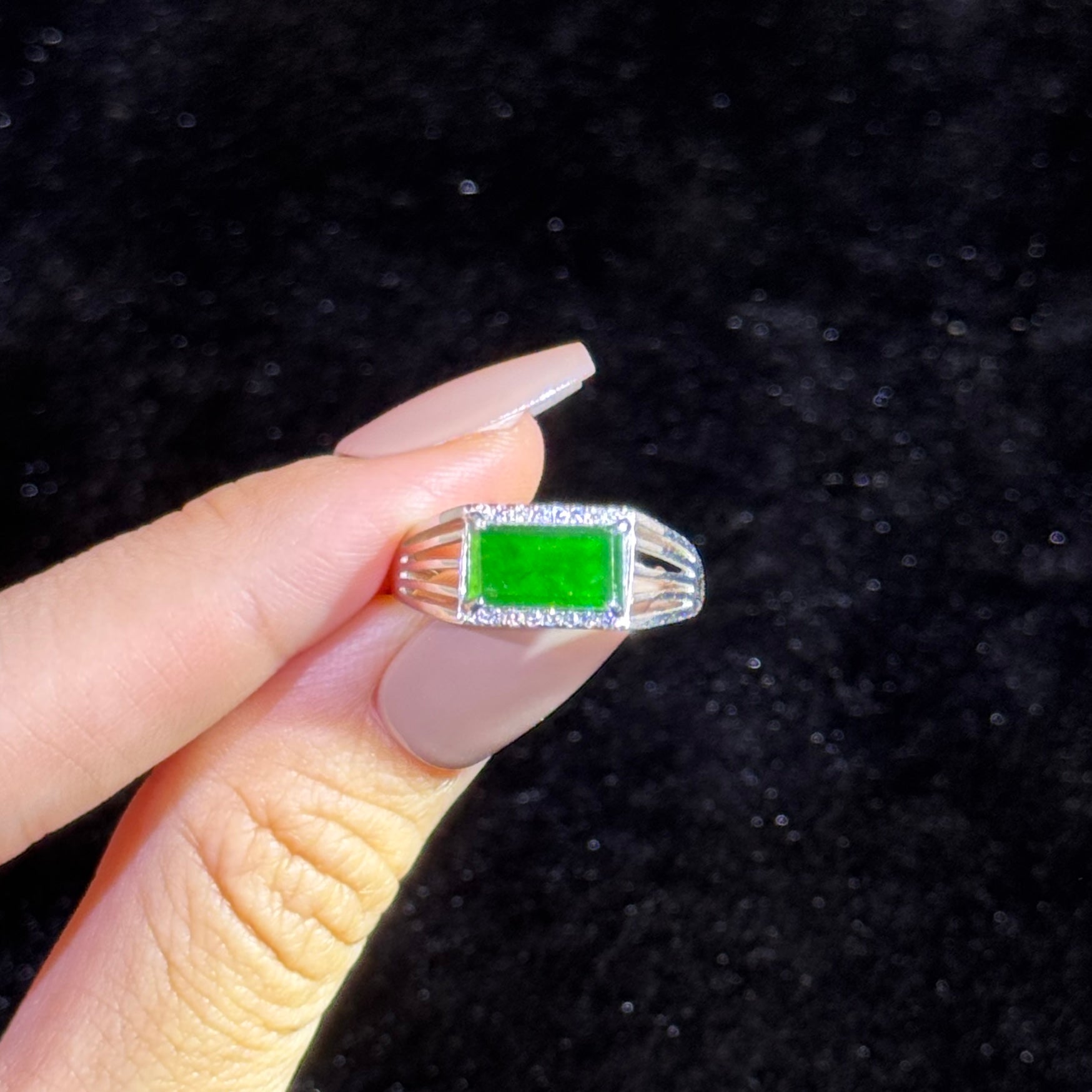 925 Sliver Type A Green Jade Ring