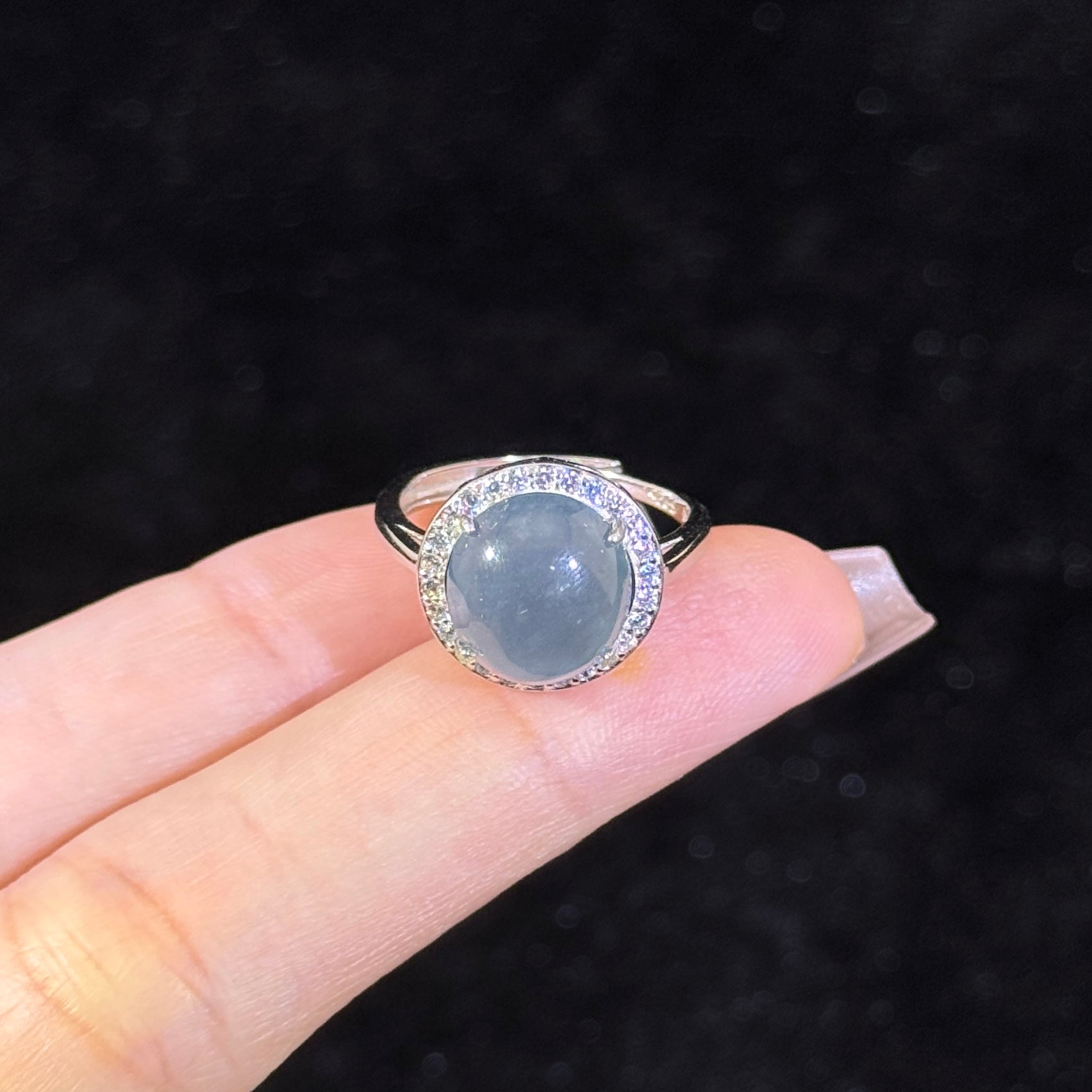 925 Sliver Type A Blueish Green Jade Ring