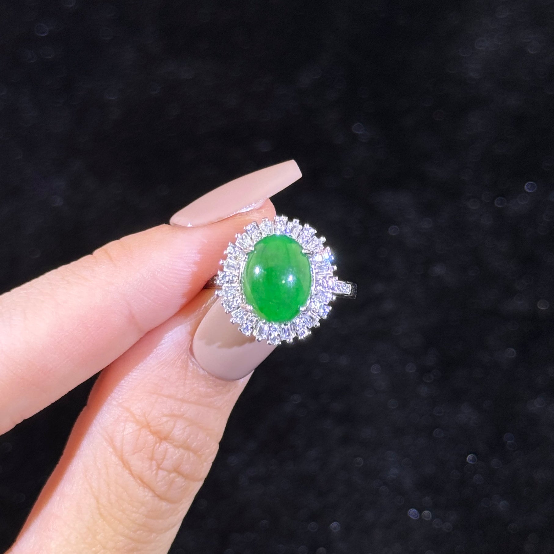 925 Sliver Type A Green Jade Ring