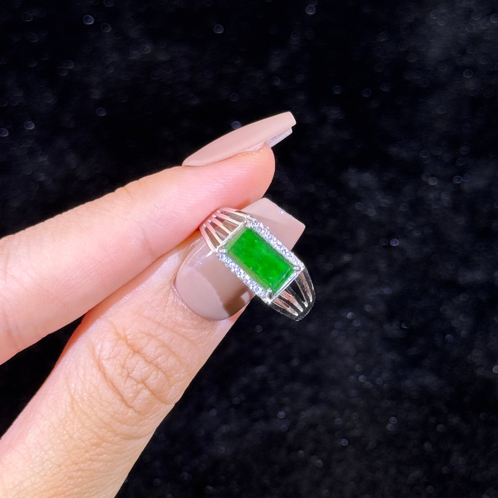 925 Sliver Type A Green Jade Ring