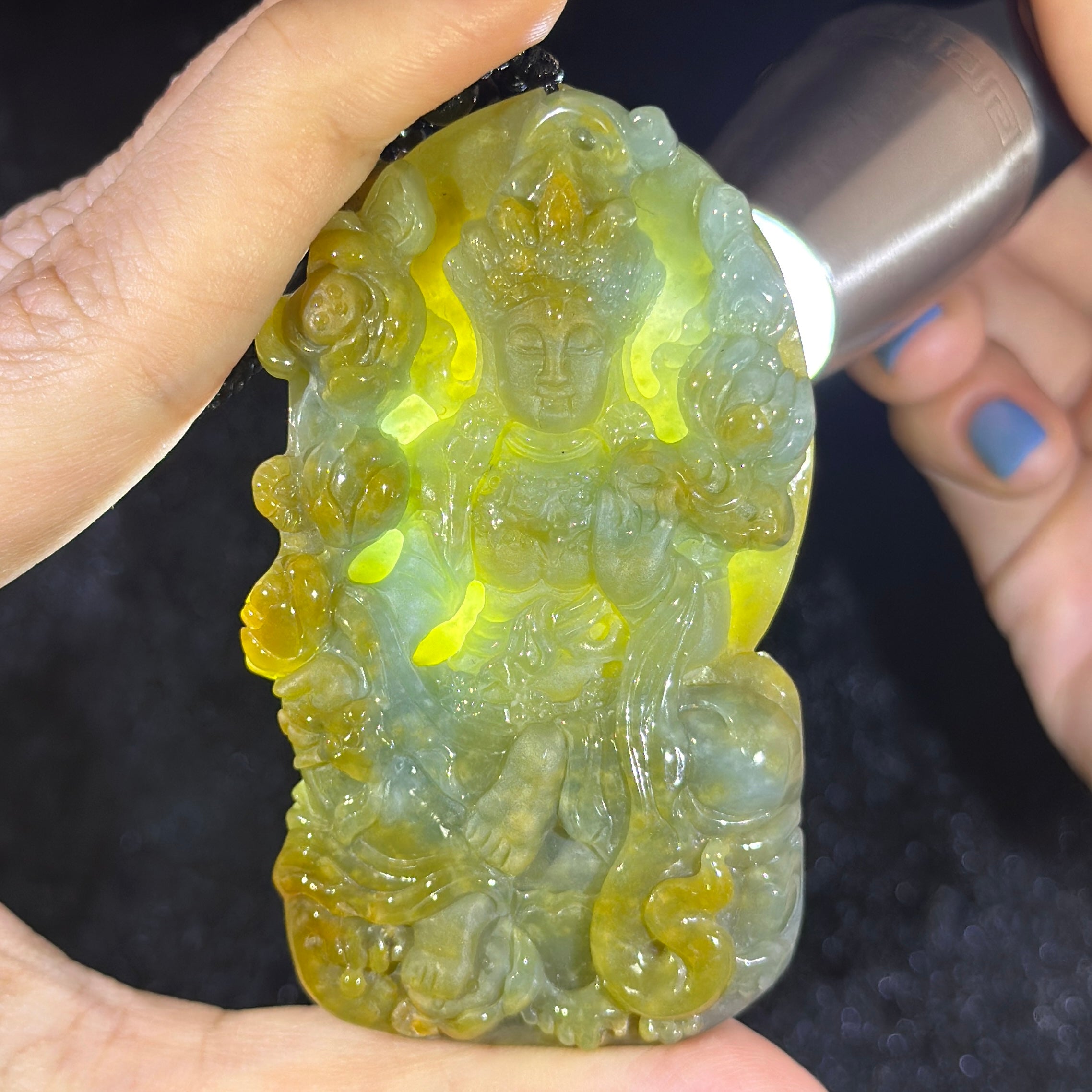 Type A Blueish Green & Yellow Jade Mahasthamaprapta Bodhisattva