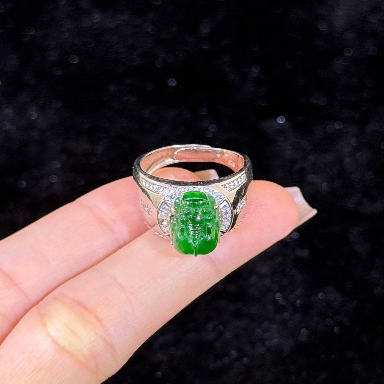 925 Sliver Type A Green Jade Pixiu Ring