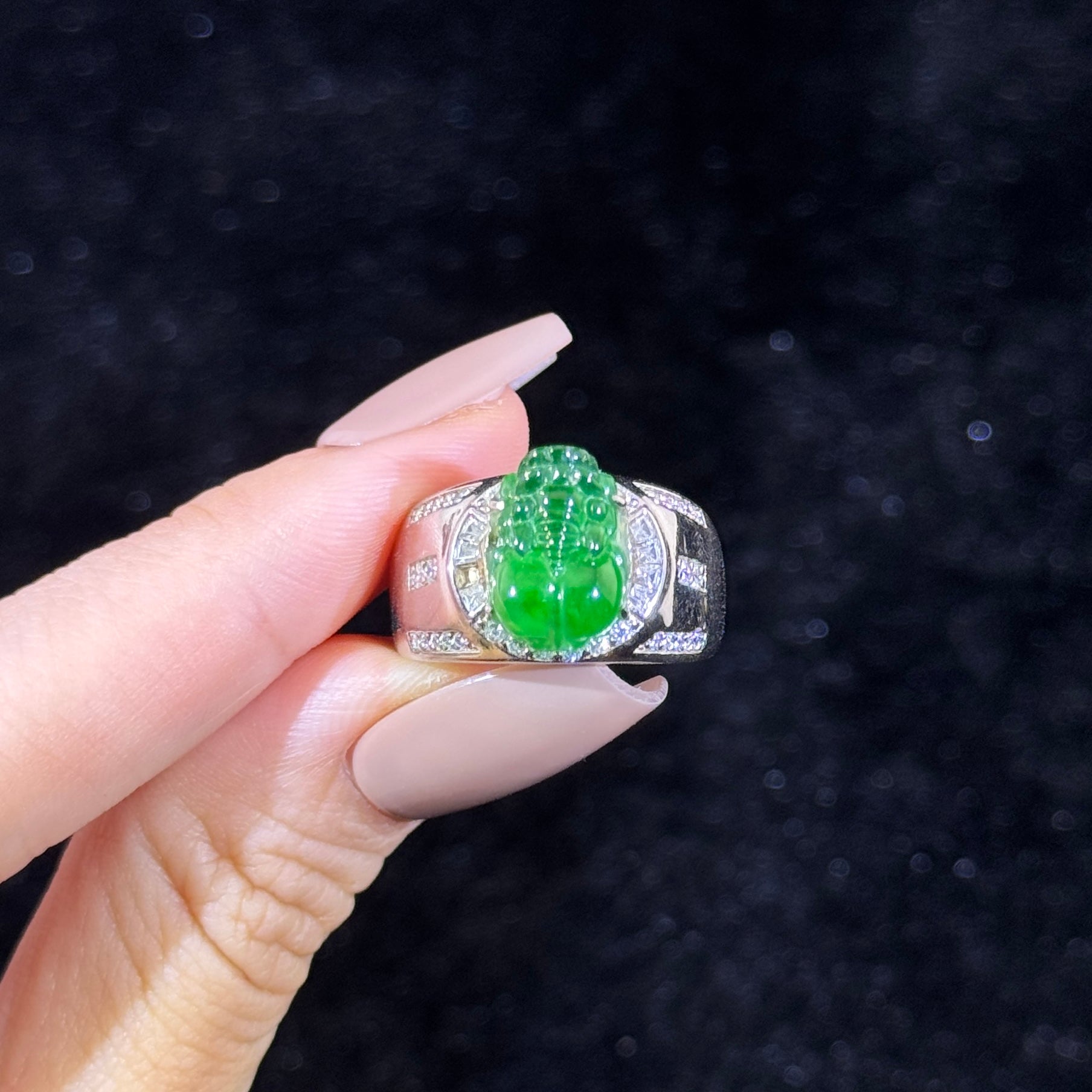 925 Sliver Type A Green Jade Pixiu Ring