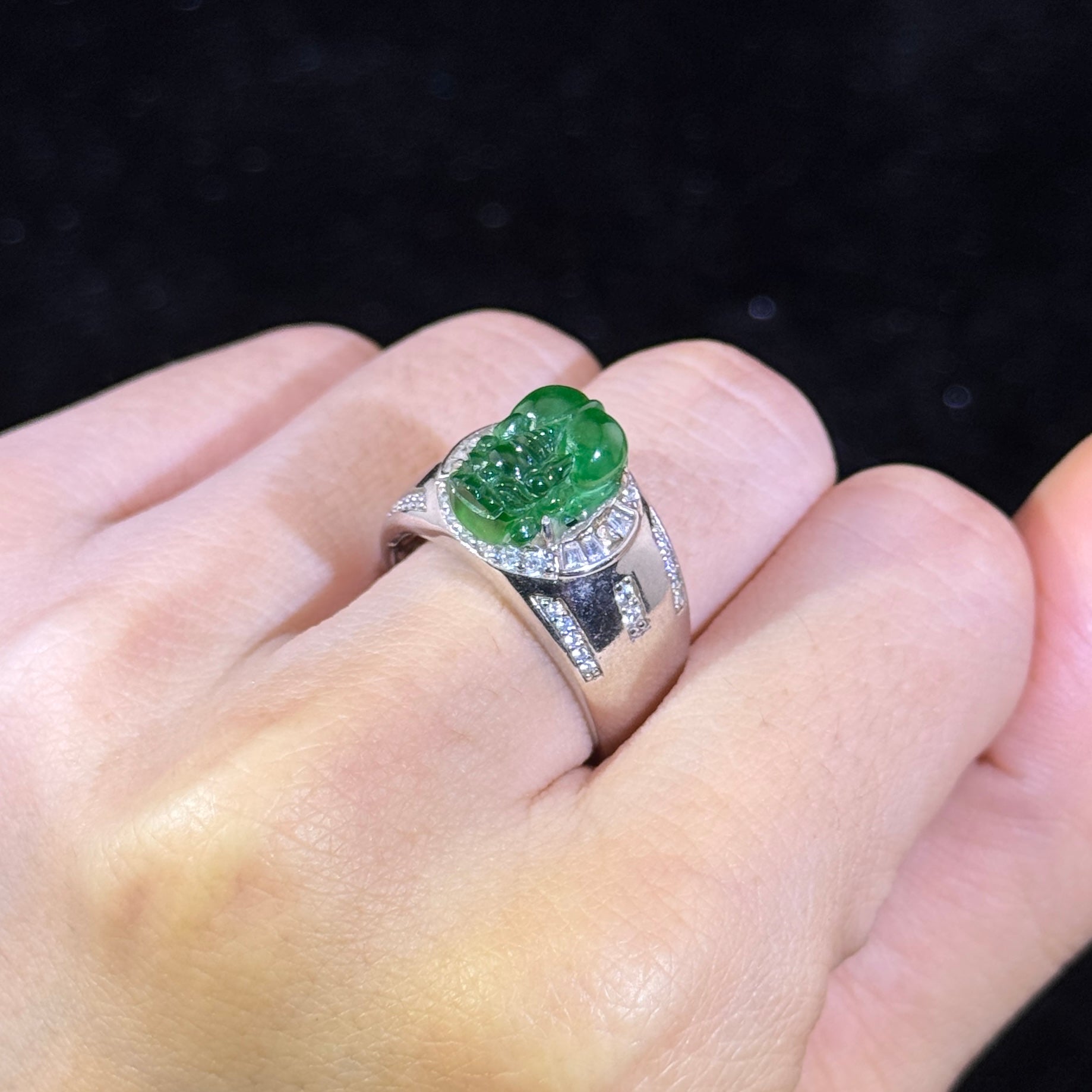 925 Sliver Type A Green Jade Pixiu Ring