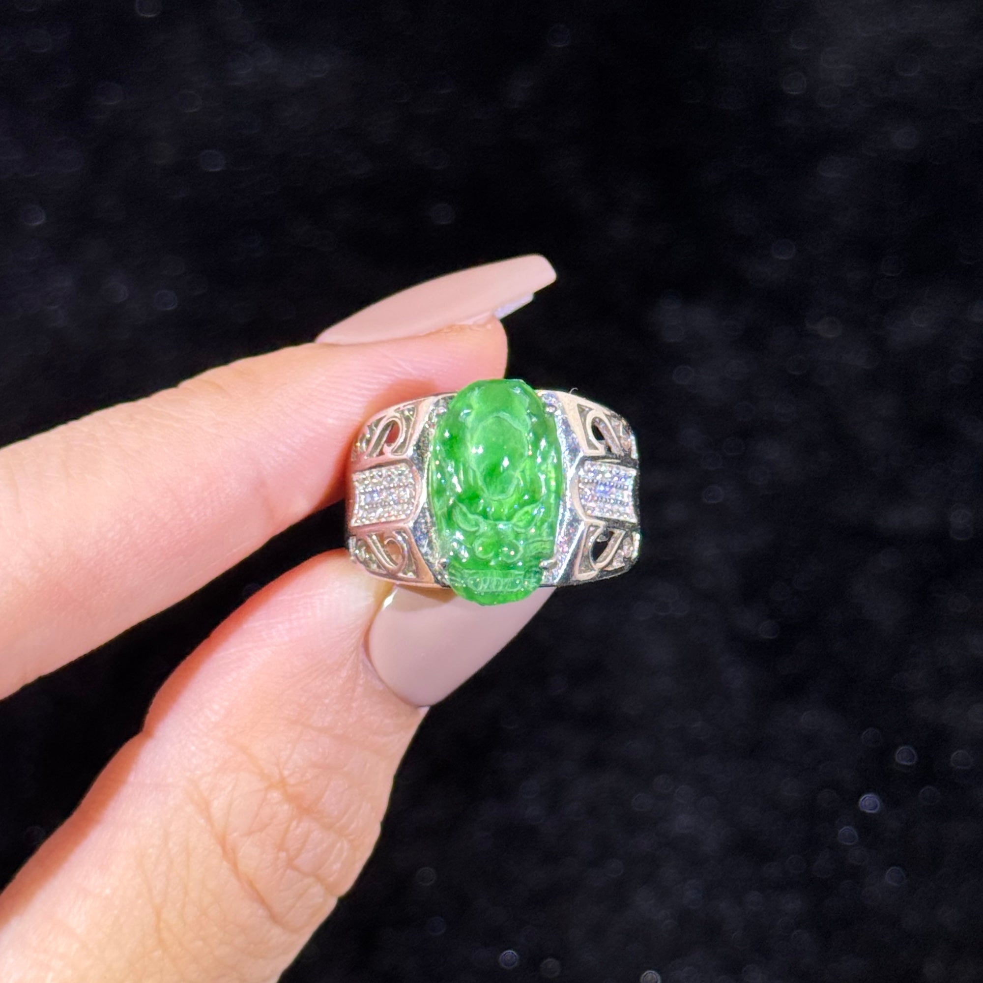 925 Sliver Type A Green Jade Dragon Head Ring