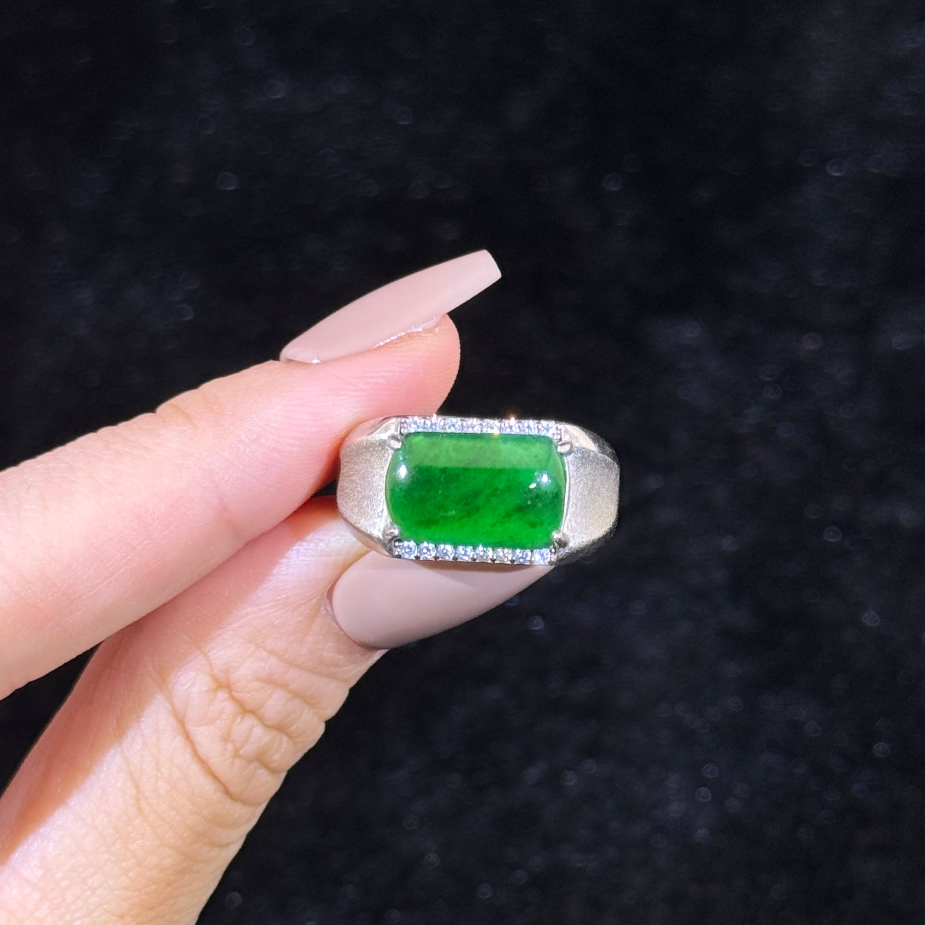 925 Sliver Type A Green Jade Ring