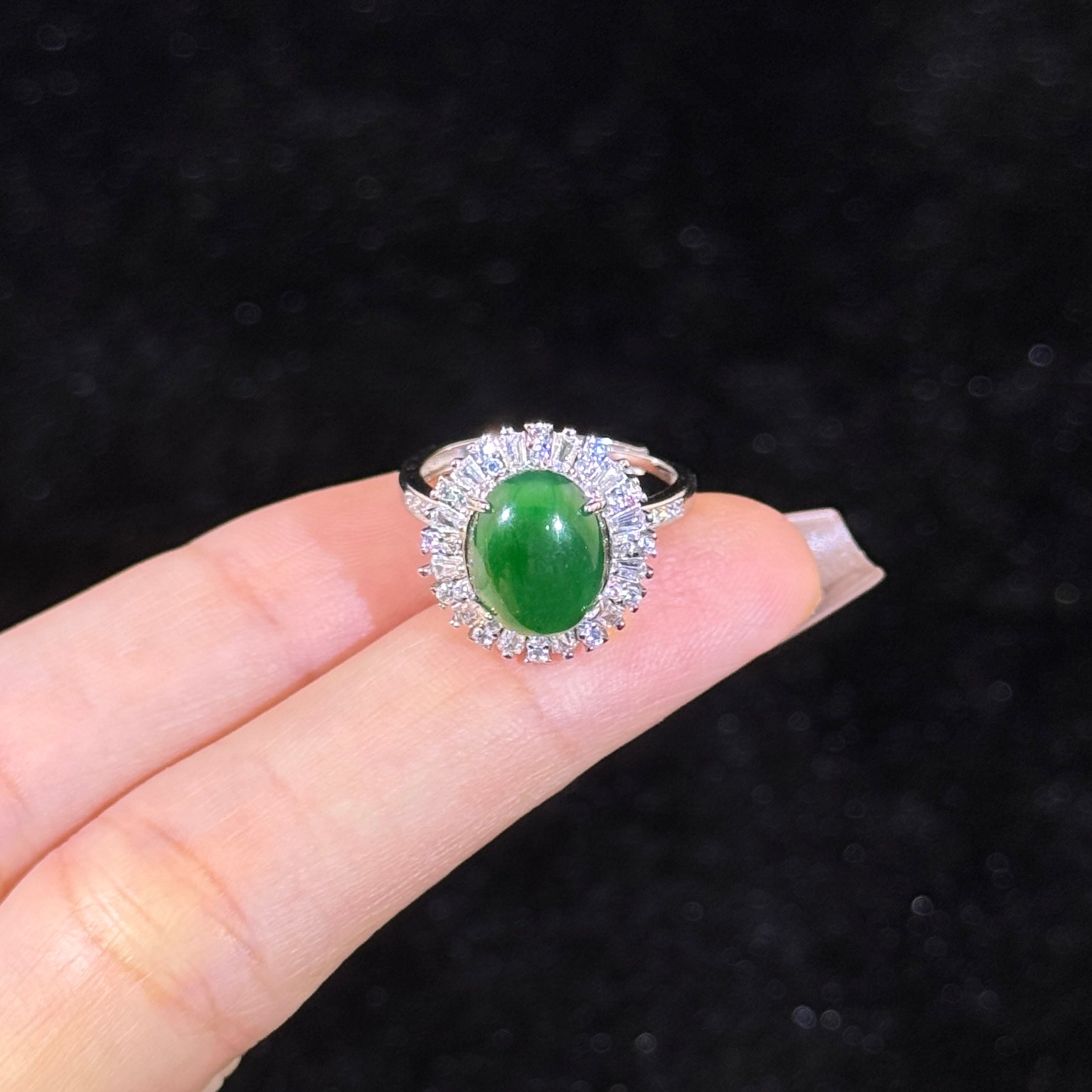 925 Sliver Type A Green Jade Ring