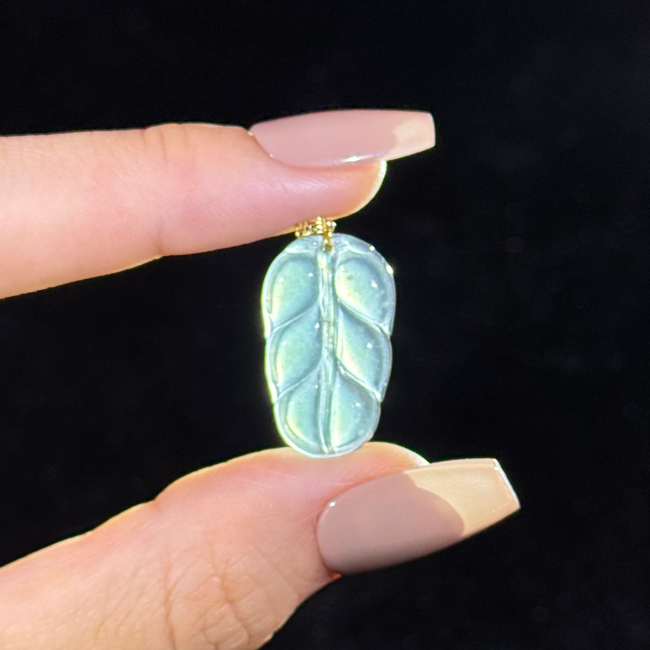 Type A Semi Icy Blueish Green Leaf in 18k gold clasps